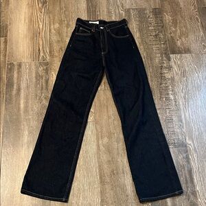 Zara women’s high rise wide leg jeans dark denim with yellow stitch size 2